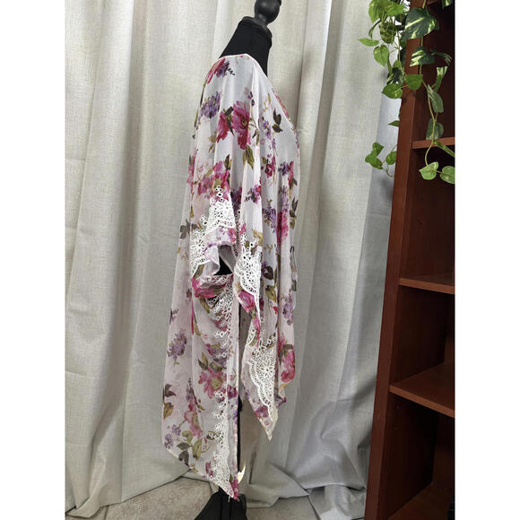 Boho Floral Lace Trim Kimono Cardigan - Picture 3 of 8